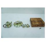 Vintage Mini China Tea Set and Woven Basket