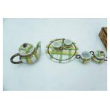 Vintage Mini China Tea Set and Woven Basket