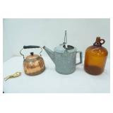 Antique Copper Kettle, Galvanized Watering Can, Brown Glass Gallon Jug