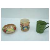Majolica Lustre Bowl and 2 Ceramic Mugs