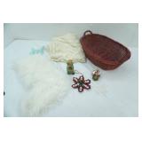 Vintage Red Wicker Basket, Angel Trinket Box, Lace Tablecloth and more