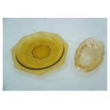 Vintage Indiana Glass Marigold Iridescent Carnival Glass Relish Dish & Vintage Amber Glass "Romanesque" Pattern Bowl L.E. Smith