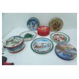 Vintage Guildcraft Round Tin w/painted needlepoint-look Floral Design and other tins