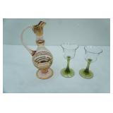 Vintage Gilded Pink Glass Decanter, Stemmed Votive Candle Holders