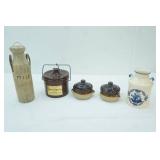 2-toned brown glazed soup cup sized pots with lids, Vintage Holland Ceramic Milk Can, Decorative Wooden 