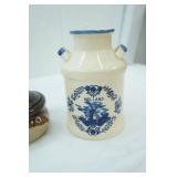 2-toned brown glazed soup cup sized pots with lids, Vintage Holland Ceramic Milk Can, Decorative Wooden 