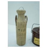 2-toned brown glazed soup cup sized pots with lids, Vintage Holland Ceramic Milk Can, Decorative Wooden 