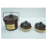 2-toned brown glazed soup cup sized pots with lids, Vintage Holland Ceramic Milk Can, Decorative Wooden 