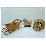 Decorative Turkey, Lamb, Vintage Wicker Sled