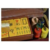 Vintage Mahjong Set in Wooden Case with Yellow Tiles, Racks & Scoring Sticks