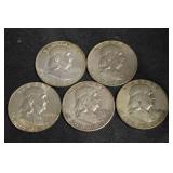 Franklin 90% Silver Halves Lot Of 5