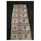 Six Consecutive U.S. Five-Dollar Federal Reserve Notes (2017A Series)