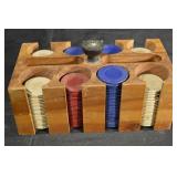 Bakelite Poker Chip Set in Wooden Rack - 1950s-1960s