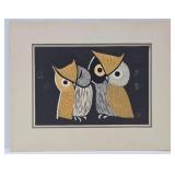 Great Looking Vintage Mid Century Woodcut Print w/Owls