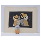 Great Looking Vintage Mid Century Woodcut Print w/Owls