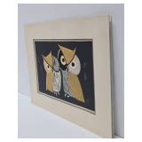 Great Looking Vintage Mid Century Woodcut Print w/Owls