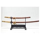 Set of 2 Japanese Samurai Style Swords w/Scabbards and Display Stand