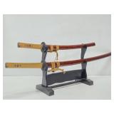 Set of 2 Japanese Samurai Style Swords w/Scabbards and Display Stand