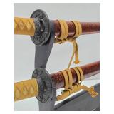 Set of 2 Japanese Samurai Style Swords w/Scabbards and Display Stand