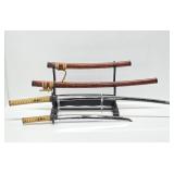 Set of 2 Japanese Samurai Style Swords w/Scabbards and Display Stand