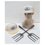 2 Antique Fishing Spear Heads w/Vintage Advertising Hats