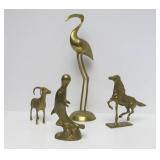 Group of Vintage Solid Brass Animals - Horse Bird Ram & Dolphin