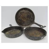 3 Vintage / Antique Cast Iron Skillets