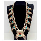 Outstanding Large Sterling Silver Native American Bear claw Necklace w/Turquoise & Coral