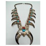 Outstanding Large Sterling Silver Native American Bear claw Necklace w/Turquoise & Coral