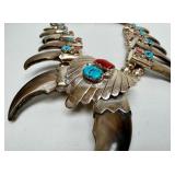 Outstanding Large Sterling Silver Native American Bear claw Necklace w/Turquoise & Coral