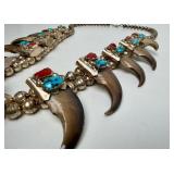 Outstanding Large Sterling Silver Native American Bear claw Necklace w/Turquoise & Coral