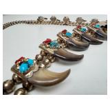 Outstanding Large Sterling Silver Native American Bear claw Necklace w/Turquoise & Coral