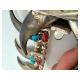 Outstanding Large Sterling Silver Native American Bear claw Necklace w/Turquoise & Coral