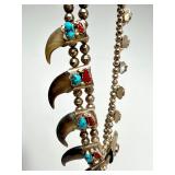 Outstanding Large Sterling Silver Native American Bear claw Necklace w/Turquoise & Coral