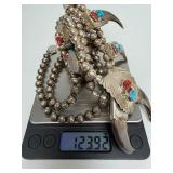 Outstanding Large Sterling Silver Native American Bear claw Necklace w/Turquoise & Coral