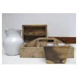Group of Primitive Woodenware & Enameled Pitcher