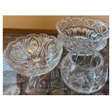 Set of 3 Cut Glass Crystal Bowls with Floral and Starburst Patterns