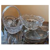 Set of 3 Vintage Cut Glass Bowls and Basket with Silverplate Caddy