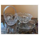 Set of 3 Vintage Cut Glass Bowls and Basket with Silverplate Caddy