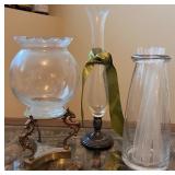 Set of 3 Decorative Glass Vases with Brass and Metal Stands