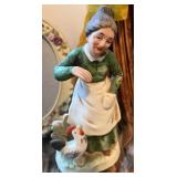 Decorative Dried Flower Bouquet, Porcelain Figurine, and Oval Frame Set