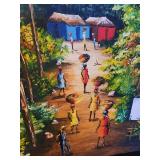 C.A. Charles 24x36 Signed Village Scene Oil Painting on Canvas