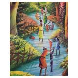 36x24 Inch Signed Painting Depicting Figures in Forest Scene by Hugues