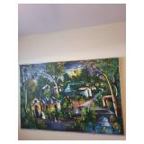 Veronique Signed Large Village Scene Painting on Canvas 58 x 40 Inches