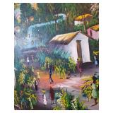 Veronique Signed Large Village Scene Painting on Canvas 58 x 40 Inches