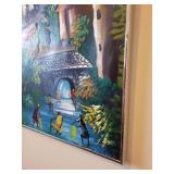 Veronique Signed Large Village Scene Painting on Canvas 58 x 40 Inches