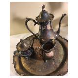 Vintage Silver Plated Tea Set with Tray and Glass Carafe