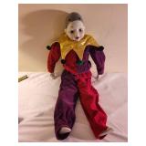 Large Porcelain Pierrot Clown Doll with Velvet Costume and Star Detail