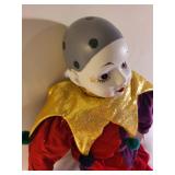 Large Porcelain Pierrot Clown Doll with Velvet Costume and Star Detail