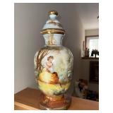 Porcelain Lidded Vase - Hand-Painted Scenic River Scene with Gold Trim